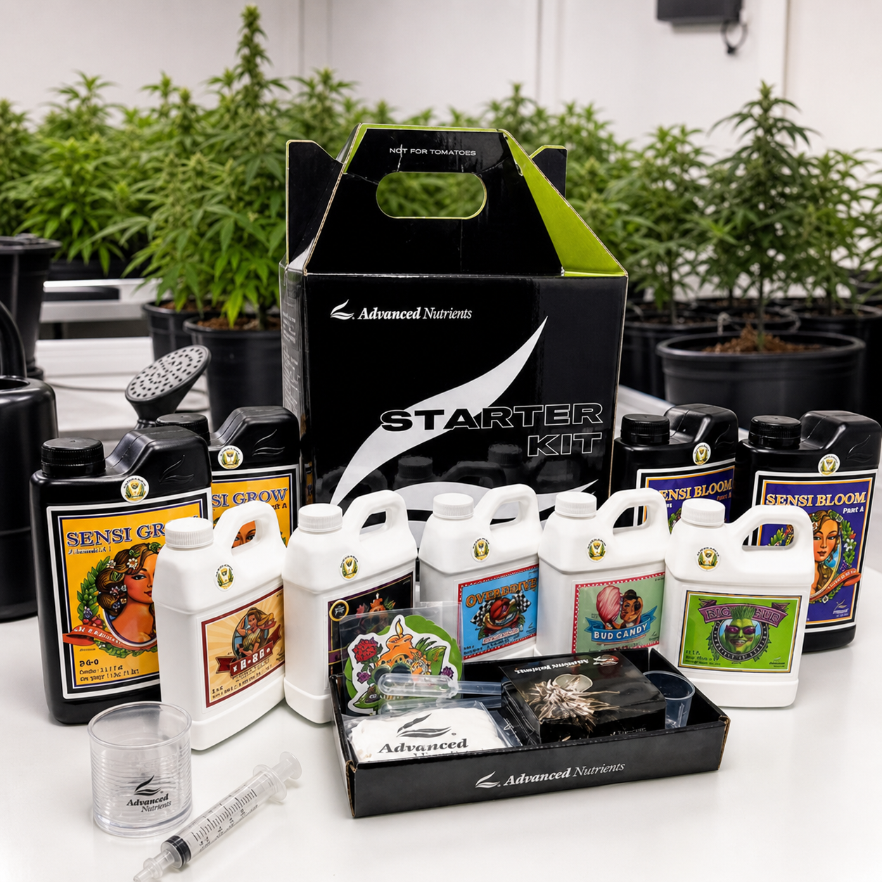 Kit de Inicio de Advanced Nutrients con varios envases, caja negra, vaso medidor y jeringa sobre una mesa, con plantas al fondo. Kit de Inicio de Advanced Nutrients con varios envases, caja negra, vaso medidor y jeringa sobre una mesa, con plantas al fondo.