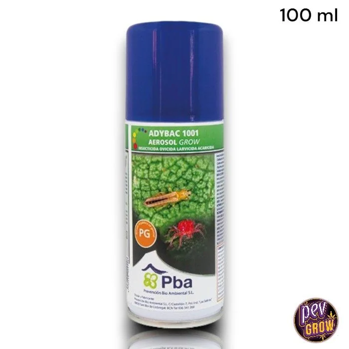 Aerosol Adybac 1001 de Pba con tapa azul y etiqueta verde con ilustraciones de plagas; el rótulo superior indica 100 ml.