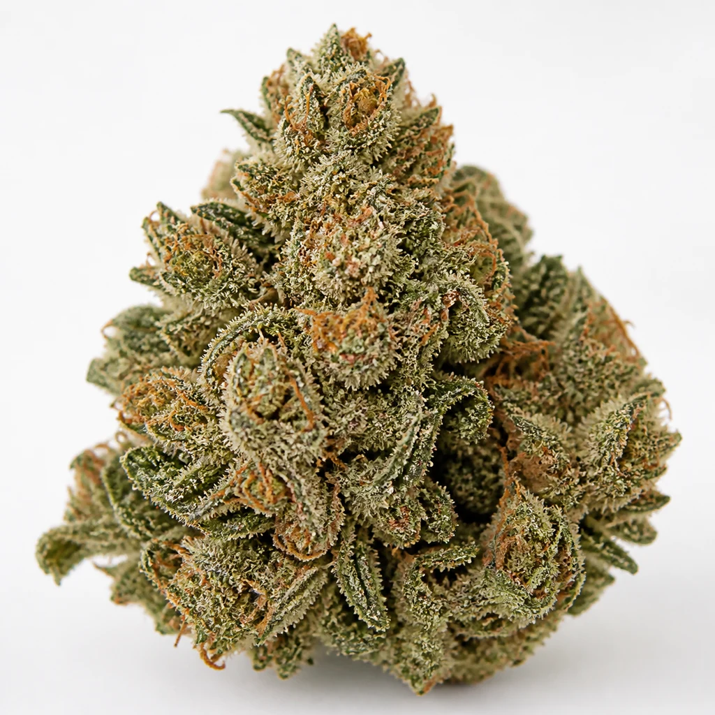 Ilustración de un cogollo verde con filamentos anaranjados y superficie blanquecina para la ficha de Afghan Pearl CBD Auto.