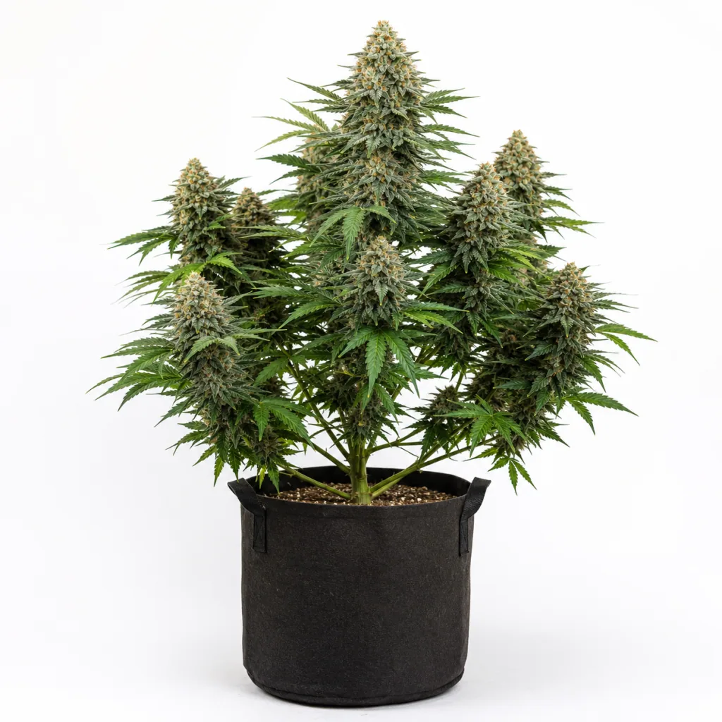 Planta de Afghan Skunk Expert en floración, con grandes cogollos en las ramas y maceta negra con asas sobre fondo blanco.