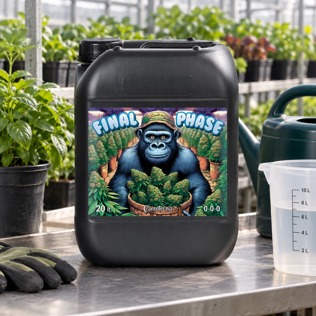 Bidón negro de Final Phase Root Flusher con asa y etiqueta ilustrada con un gorila, sobre una mesa entre utensilios de cultivo.