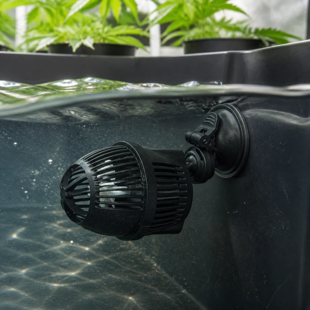 Escena generada del mezclador de agua Neptune Hydroponics sumergido, sujeto a la pared de un depósito con plantas al fondo.