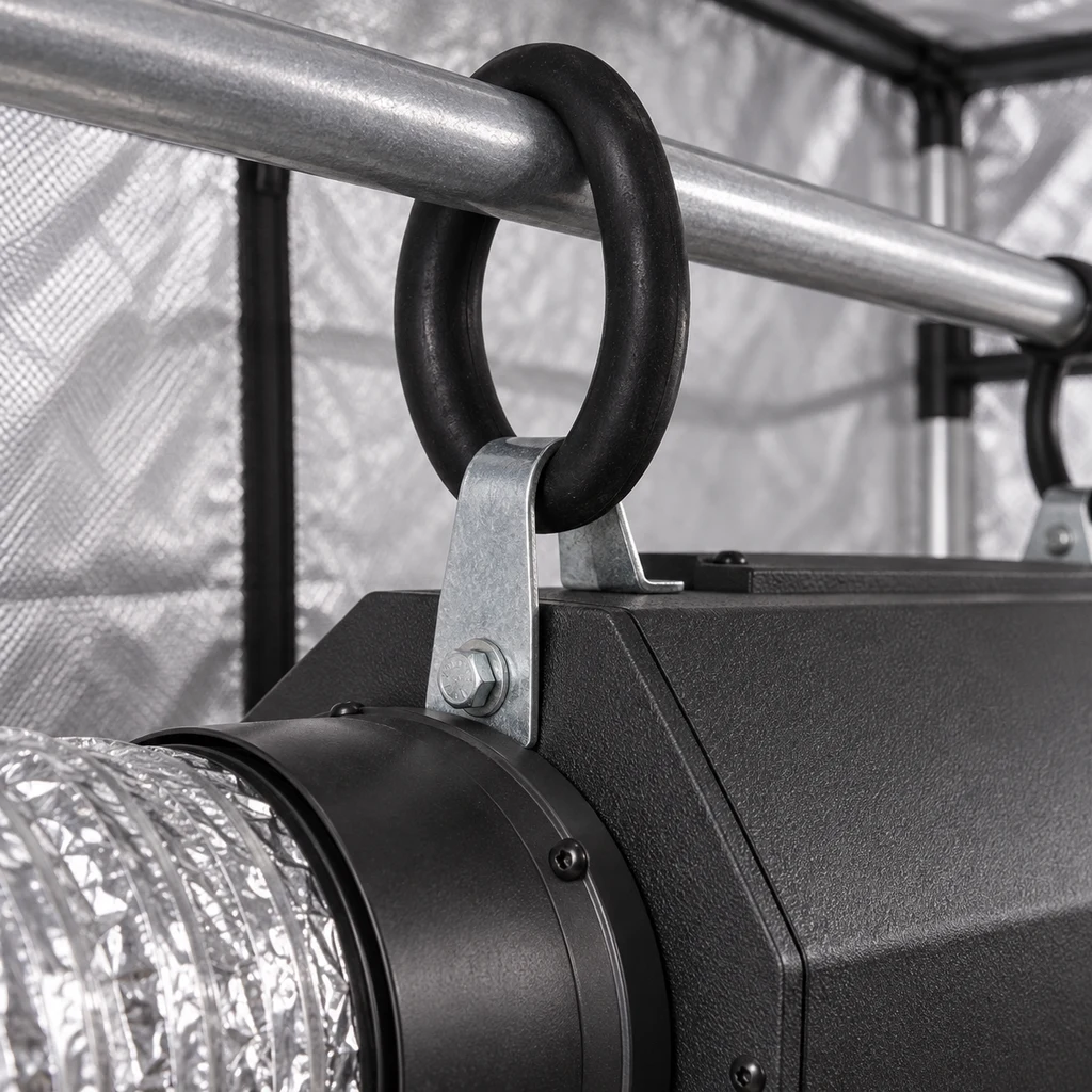 Detalle de un anillo negro de suspensión Airfan sobre una barra metálica, unido al soporte de una caja de ventilación con conducto flexible.