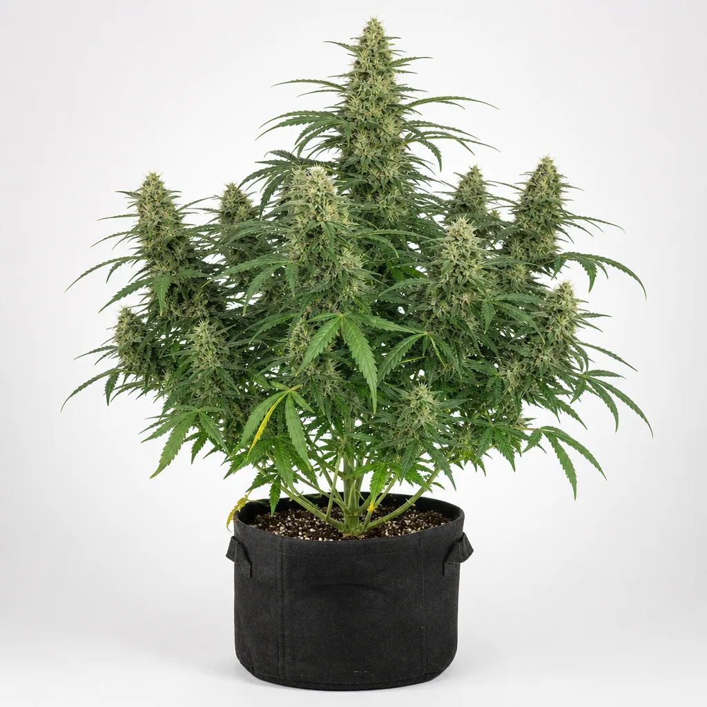Planta de AK 47 Feminizada de Serious Seeds en floración, con varias colas y hojas verdes, en maceta negra sobre fondo blanco.