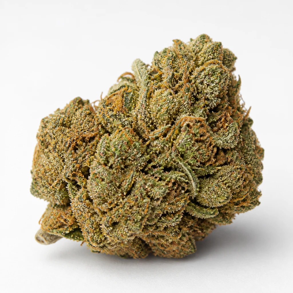 Ilustración de un cogollo verde con filamentos anaranjados y superficie granulada para la ficha de AK 48 Autoflower, sobre fondo blanco.