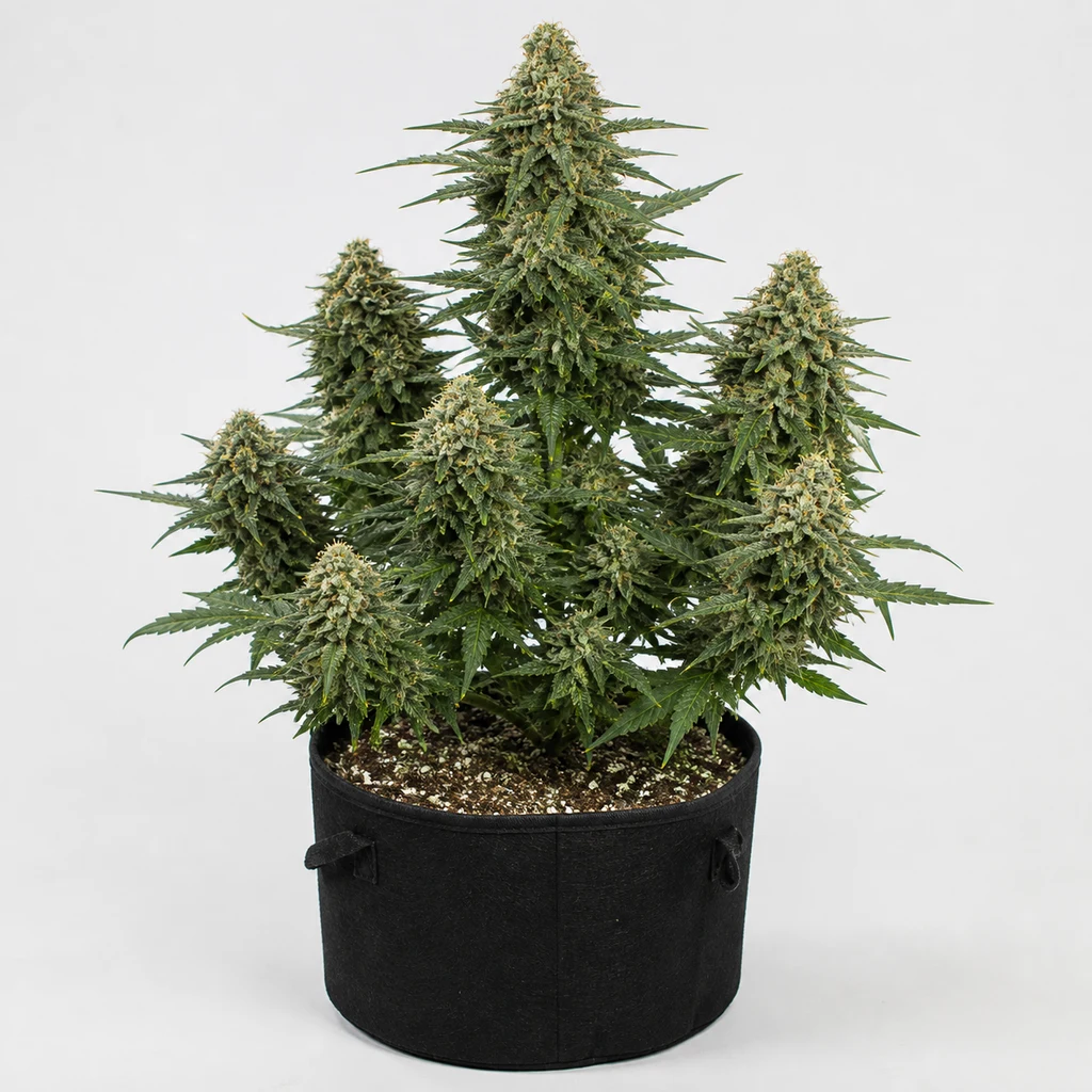 Ilustración de una planta en floración para la ficha de AK 48 Autoflower de Nirvana Seeds, con varios cogollos en una maceta negra.