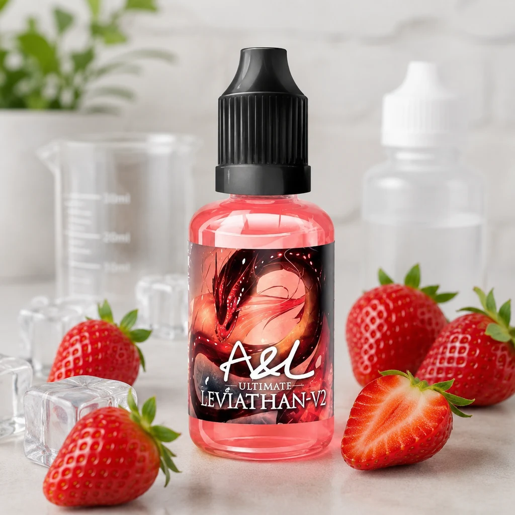 Frasco de aroma A&L Ultimate Leviathan V2 con líquido rosa y tapón negro, entre fresas y cubitos de hielo en una escena generada.