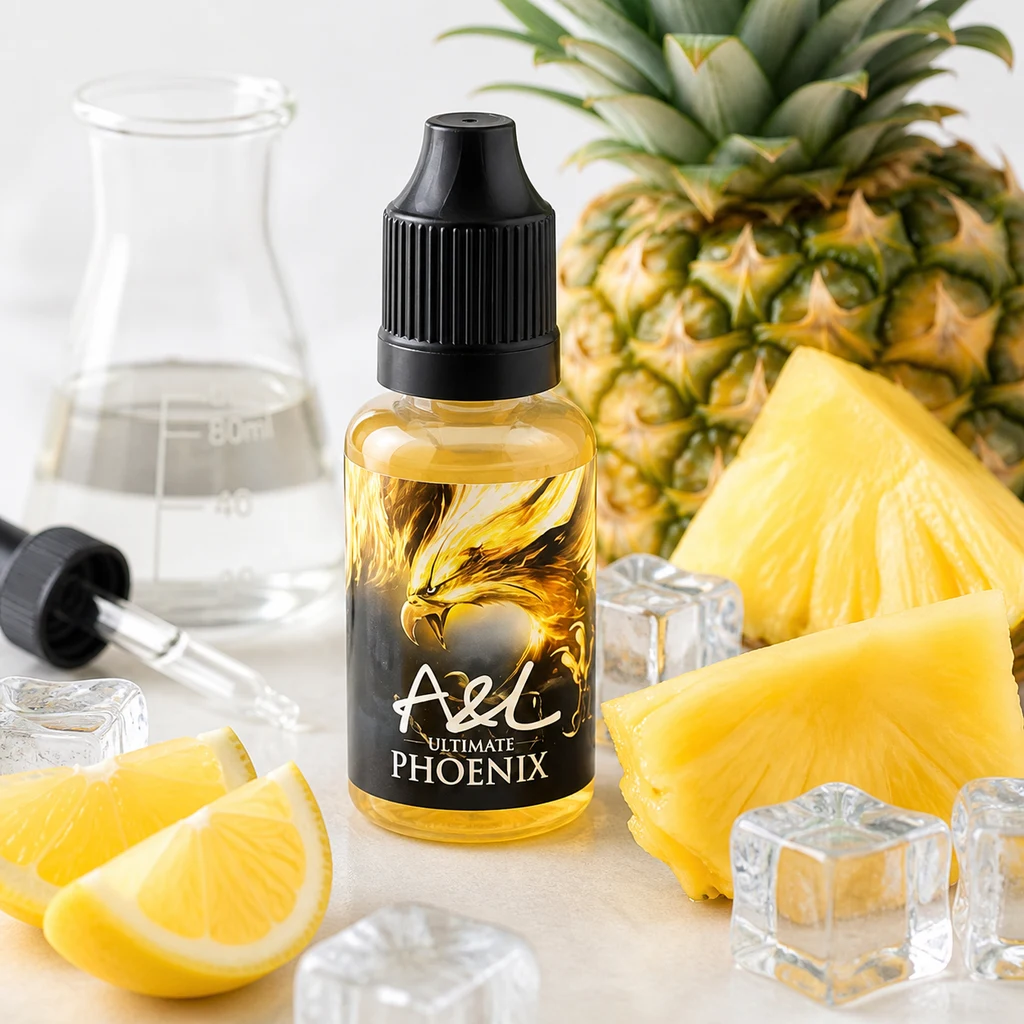 Frasco de A&L Ultimate Phoenix con líquido dorado y tapón negro, rodeado de piña, gajos de limón, cubitos y una pipeta.