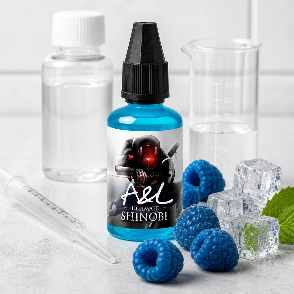 Frasco azul A&L Ultimate Shinobi con tapón negro y etiqueta de ninja, rodeado de frambuesas azules, hielo y utensilios de laboratorio.