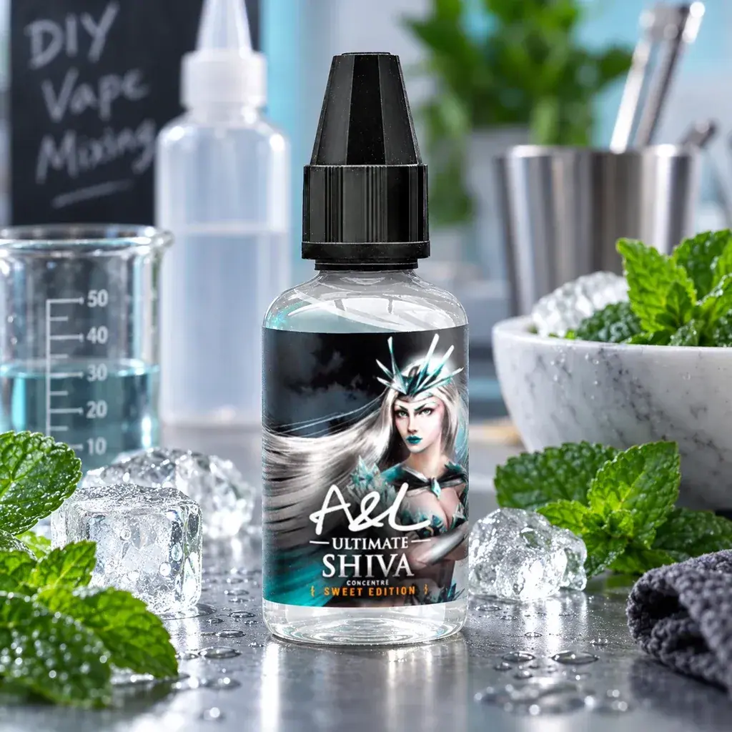 Frasco A&L Ultimate Shiva Sweet Edition con tapón negro y etiqueta ilustrada, rodeado de hojas de menta y cubitos de hielo.