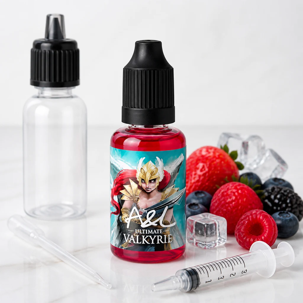 Frasco de aroma A&L Ultimate Valkyrie con líquido rojo, junto a frutos rojos, cubitos de hielo, una jeringa y un frasco vacío.