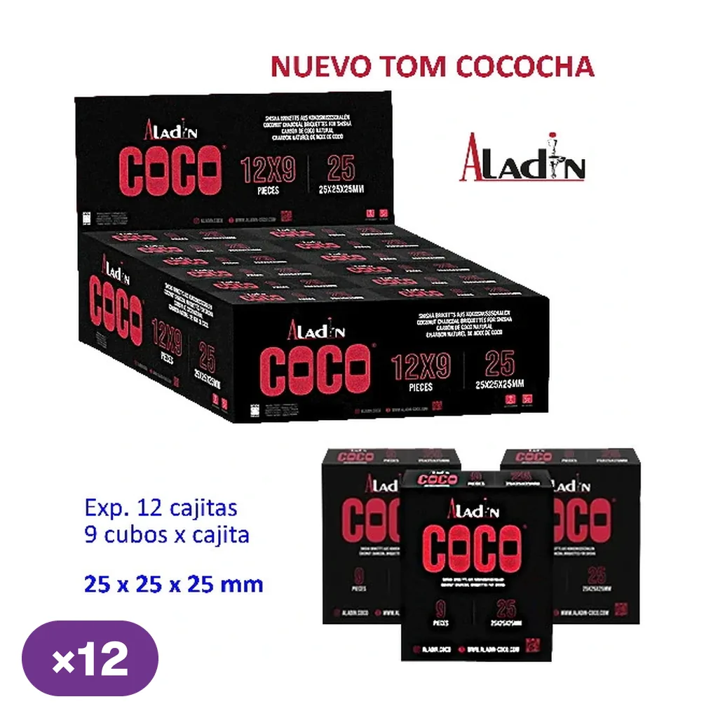 Expositor Aladin Coco con cajas negras y rojas, presentado como caja de 12 cajitas de 9 cubos de carbón de 25 mm. Expositor Aladin Coco con cajas negras y rojas, presentado como caja de 12 cajitas de 9 cubos de carbón de 25 mm.