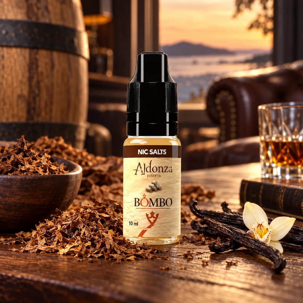 Frasco Aldonza Reserva de Bombo sobre una mesa con hojas de tabaco y vainas de vainilla, junto a una barrica y un vaso con líquido ámbar.