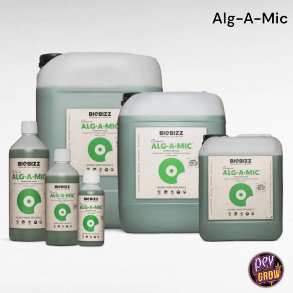 Alg-A-Mic de BioBizz en seis envases de distintos tamaños, con etiquetas blancas y verdes, dispuestos sobre fondo blanco.