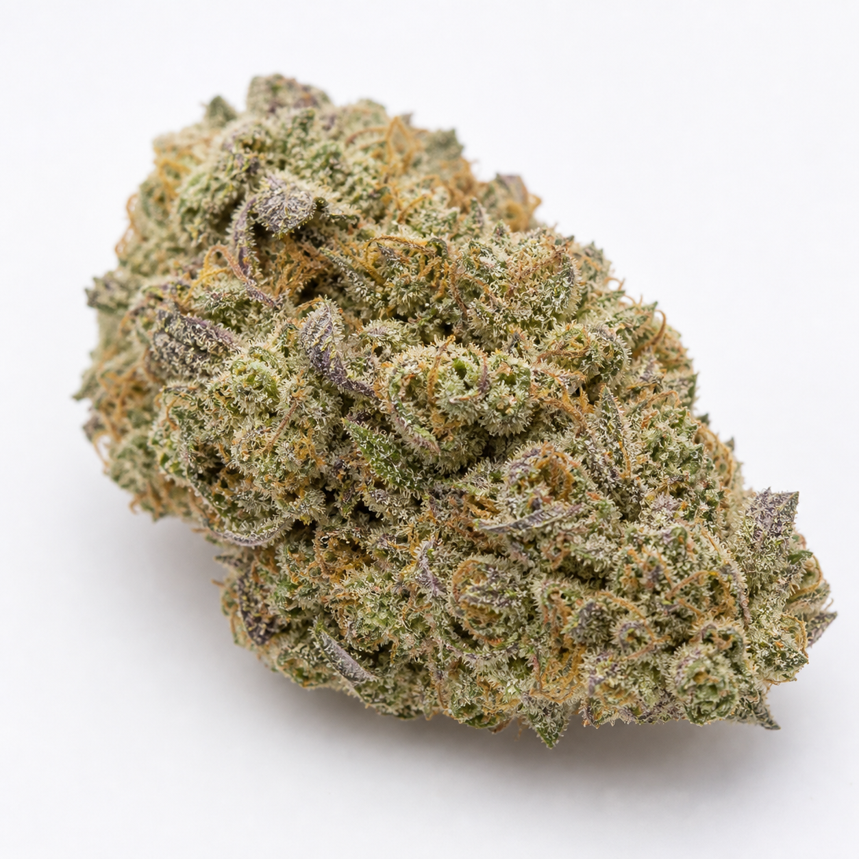 Cogollo de AlienZ Feminizada de Green House Seeds, alargado y dispuesto en diagonal, con tonos verdes y violetas y filamentos naranjas.