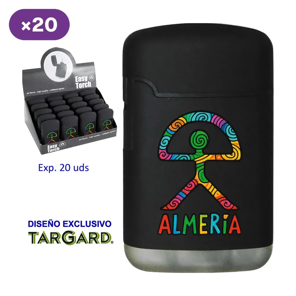 Encendedor negro Almería con símbolo multicolor y base plateada, junto a un expositor y la indicación de 20 unidades.