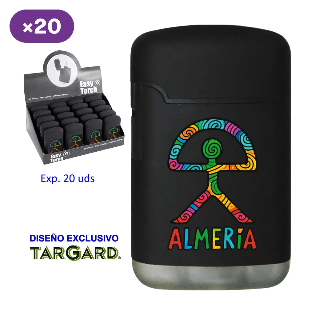 Encendedor negro Almería con símbolo multicolor y base plateada, junto a un expositor y la indicación de 20 unidades.