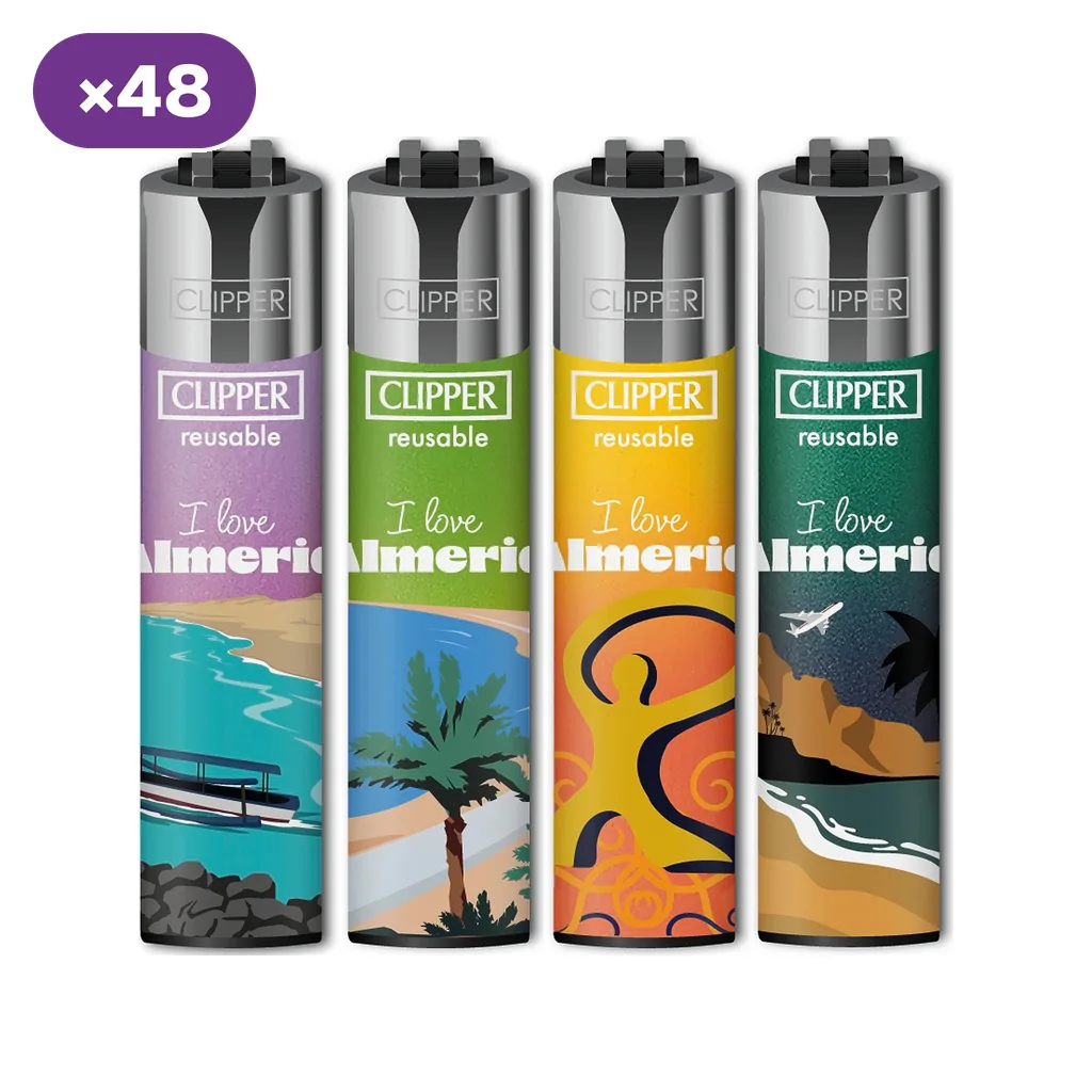 Encendedores Clipper Almería con distintos diseños de costa, palmeras y motivos gráficos, junto al texto «I love Almería».
