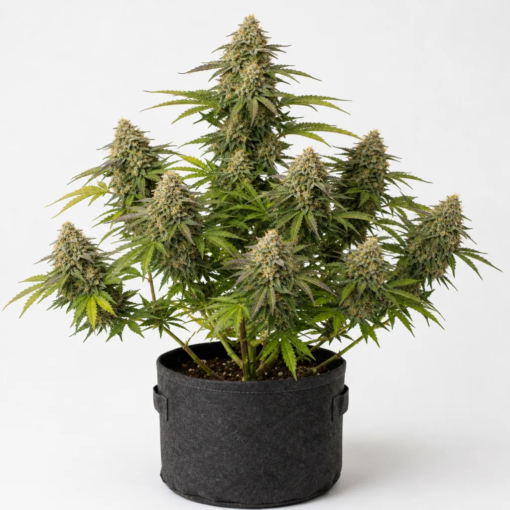 Planta de Alpujarreña Auto en maceta textil negra, con un cogollo central alto y varias ramas cargadas de flores sobre fondo blanco.