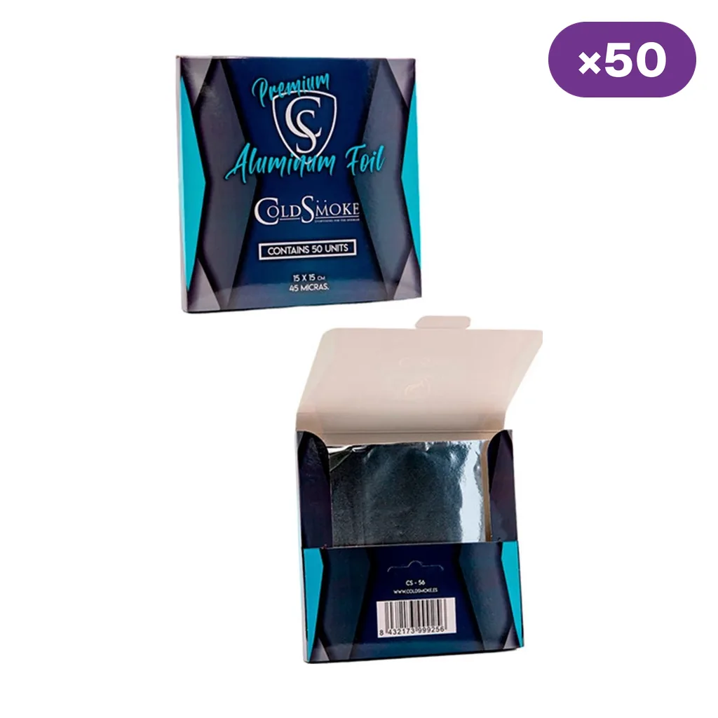 Caja de láminas de aluminio Cold Smoke cerrada y abierta, con una lámina visible y rótulos de 50 unidades y 45 micras. Caja de láminas de aluminio Cold Smoke cerrada y abierta, con una lámina visible y rótulos de 50 unidades y 45 micras.