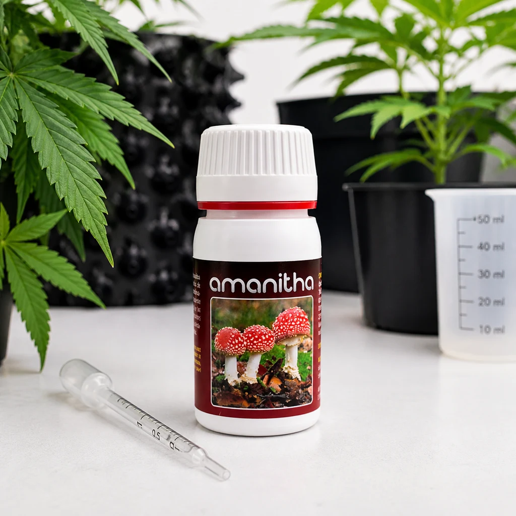 Bote de Amanitha con tapón blanco y etiqueta de setas rojas, junto a una pipeta y un vaso graduado, con plantas al fondo. Bote de Amanitha con tapón blanco y etiqueta de setas rojas, junto a una pipeta y un vaso graduado, con plantas al fondo.