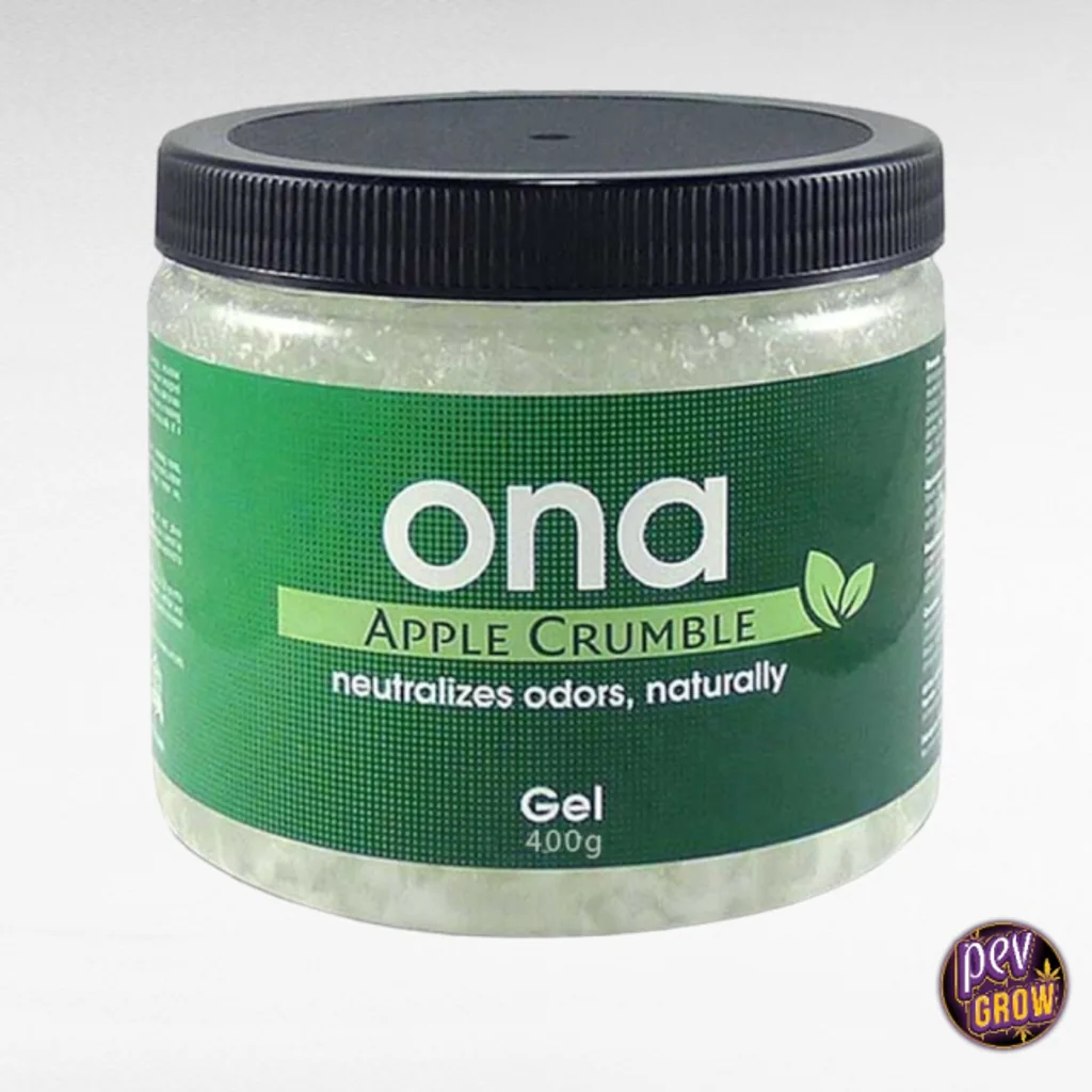 Bote transparente ONA con tapa negra y etiqueta verde que indica Apple Crumble, Gel y 400 g, sobre fondo blanco.
