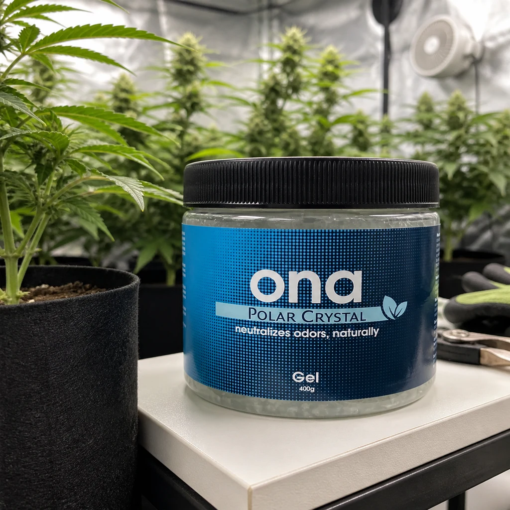 Bote de ONA Gel Polar Crystal con etiqueta azul y tapa negra, sobre una mesa junto a una maceta y plantas de cannabis al fondo.