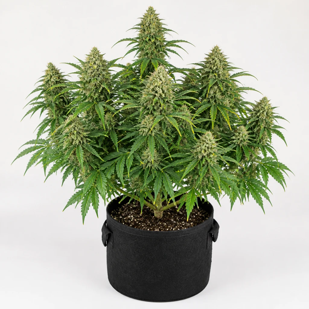 Ilustración de planta en floración para la ficha de American Dream Regular, con varias ramas de cogollos y maceta negra sobre fondo blanco.