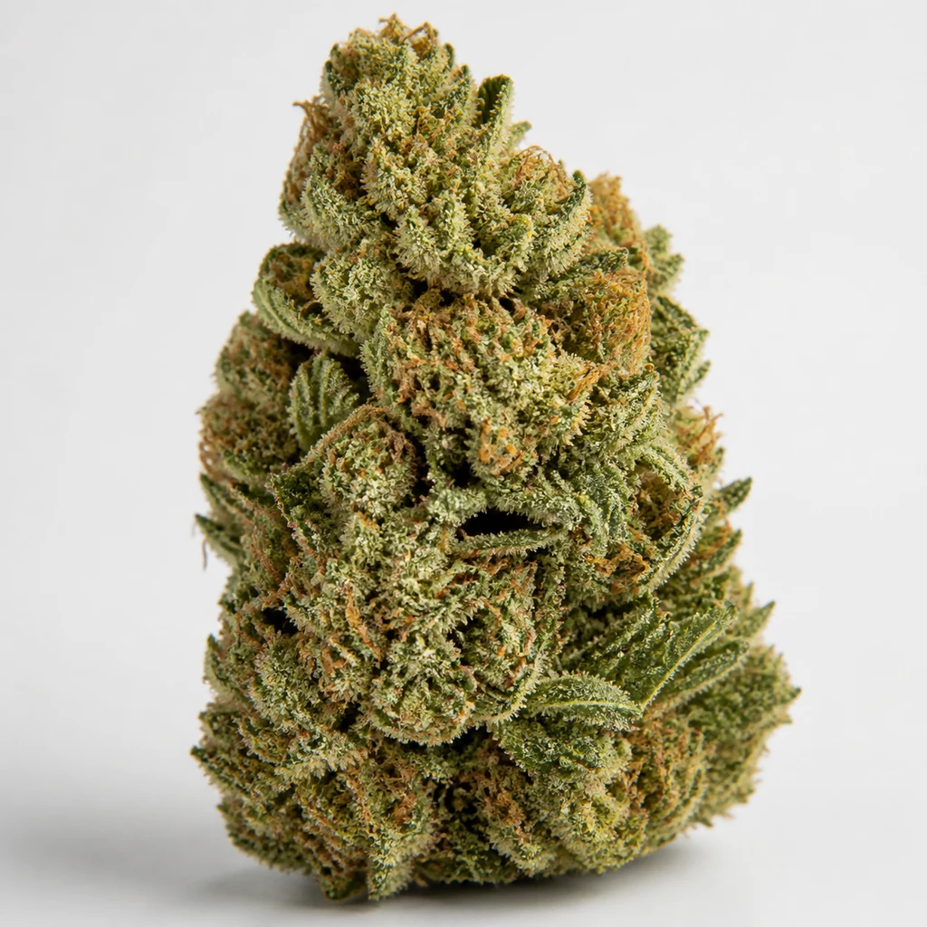 Ilustración de un cogollo verde con pistilos anaranjados y superficie resinosa para la ficha de Amherst Sour Diesel Feminizada.