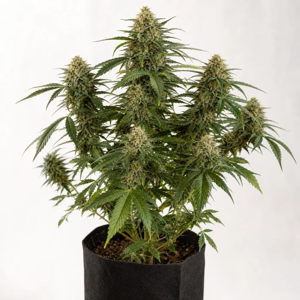 Planta de Amnesia Platinum Auto en maceta negra, con varias ramas cargadas de flores y hojas verdes alargadas sobre fondo claro.