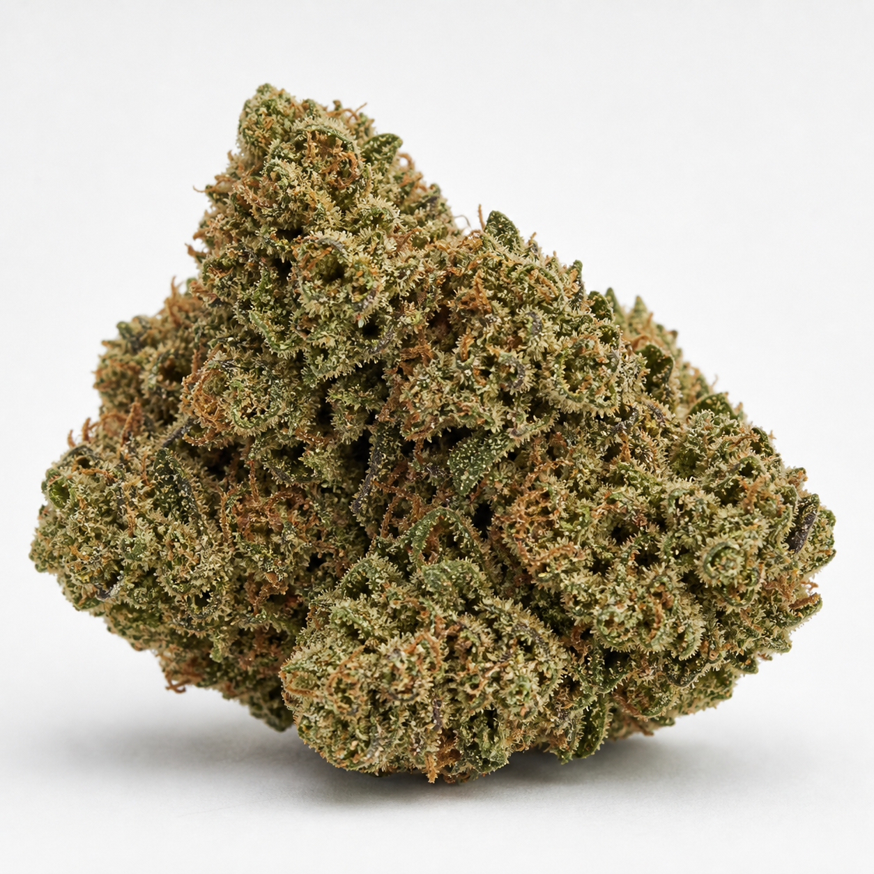 Cogollo de Amnesia Gold Feminizada de Pyramid Seeds, de contorno ancho e irregular, con tonos verdes y filamentos anaranjados sobre fondo blanco.