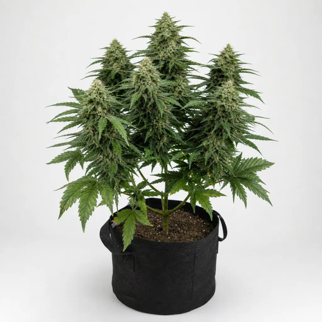 Planta de Amnesia Gold Feminizada en maceta negra con asas, con varias colas florales y hojas verdes sobre fondo blanco.