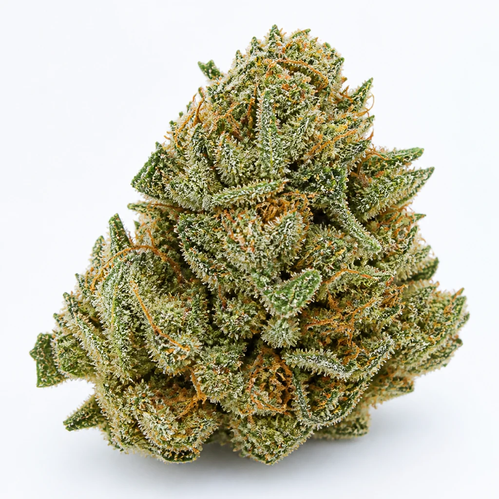 Ilustración de un cogollo verde con hojas puntiagudas y filamentos anaranjados para la ficha de Amnesia Haze Auto de Bulk Seeds.