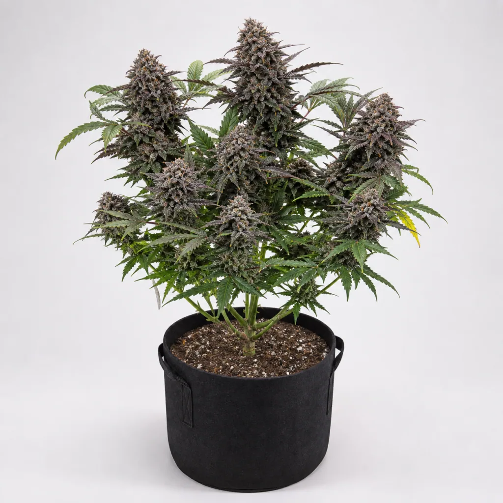 Planta de Amnesia Haze Auto con cogollos de tonos morados y hojas verdes, en maceta negra con asas sobre fondo claro.