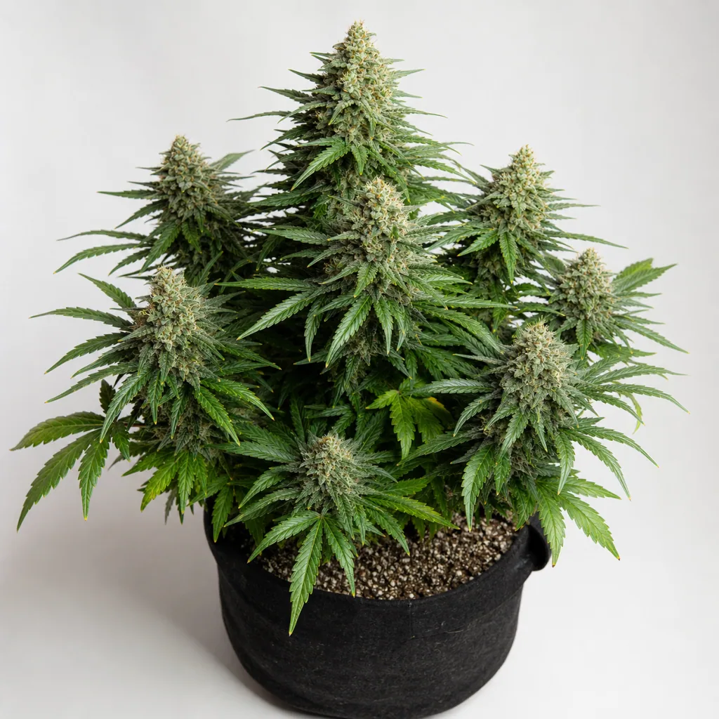 Amnesia Haze Auto de Vision Seeds en floración, con cogollos densos y hojas verdes en una maceta de tela negra sobre fondo claro.