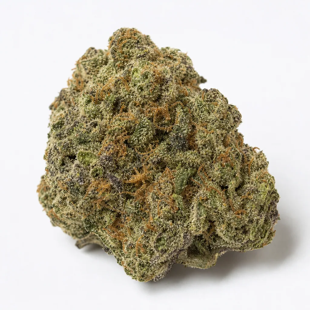 Cogollo de Amnesia Haze Automatic de Royal Queen Seeds, de forma compacta, con tonos verdes y filamentos anaranjados sobre fondo blanco.