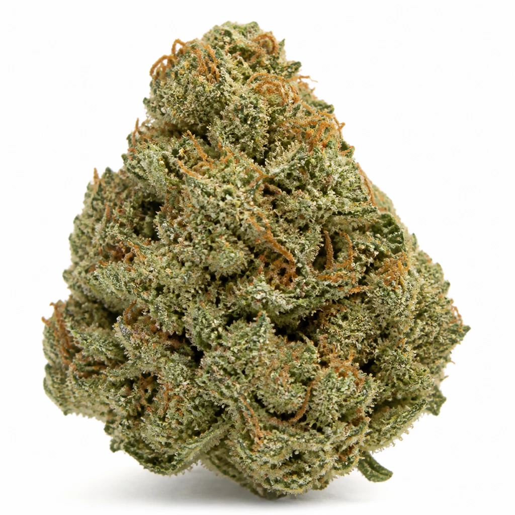 Ilustración de un cogollo verde con filamentos anaranjados sobre fondo blanco para la ficha de Amnesia Haze Feminizada – Bulk Seeds.