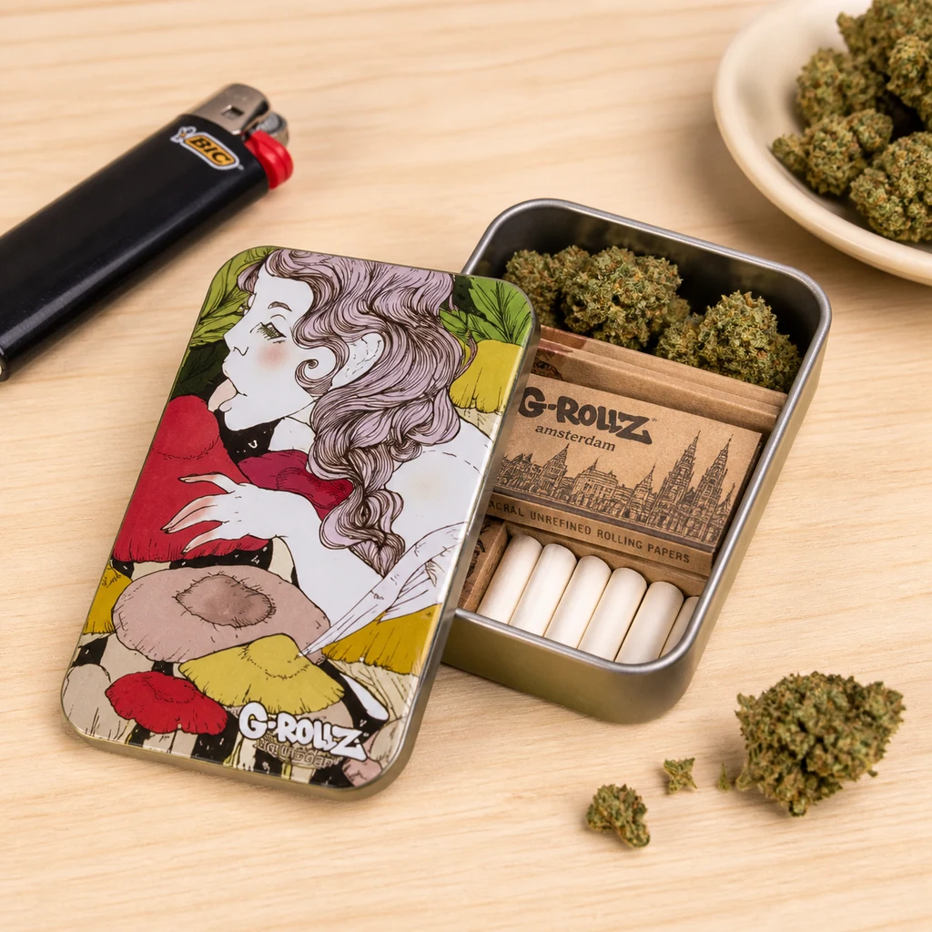 Caja Amsterdam abierta con cogollos, papel de liar y filtros; tapa ilustrada con una mujer y setas sobre una mesa junto a un mechero.