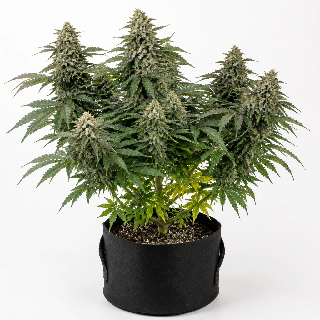 Ilustración de una planta en floración con varias colas y maceta negra para la ficha de Anesthesia Feminizada.