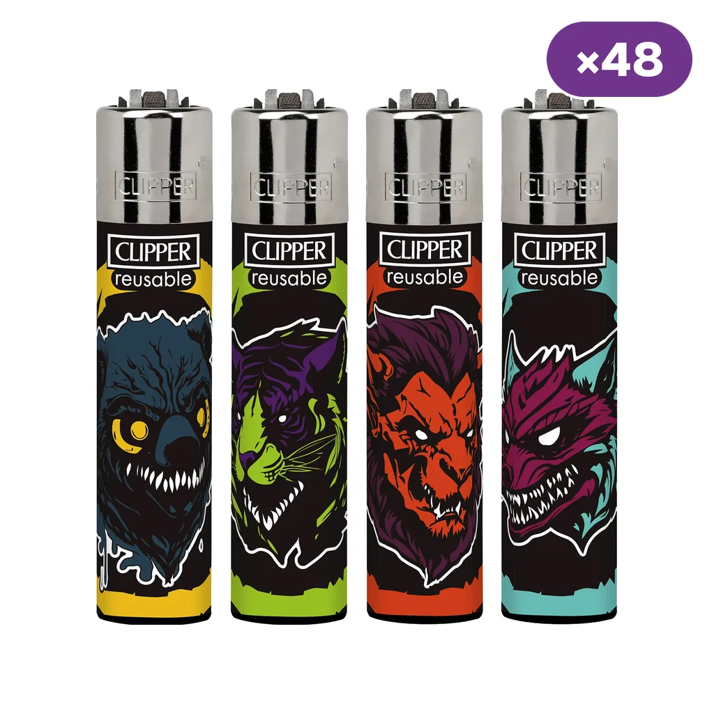 Selección de encendedores Clipper Animals Zombies con ilustraciones de animales de colmillos afilados y distintos colores; distintivo «×48».