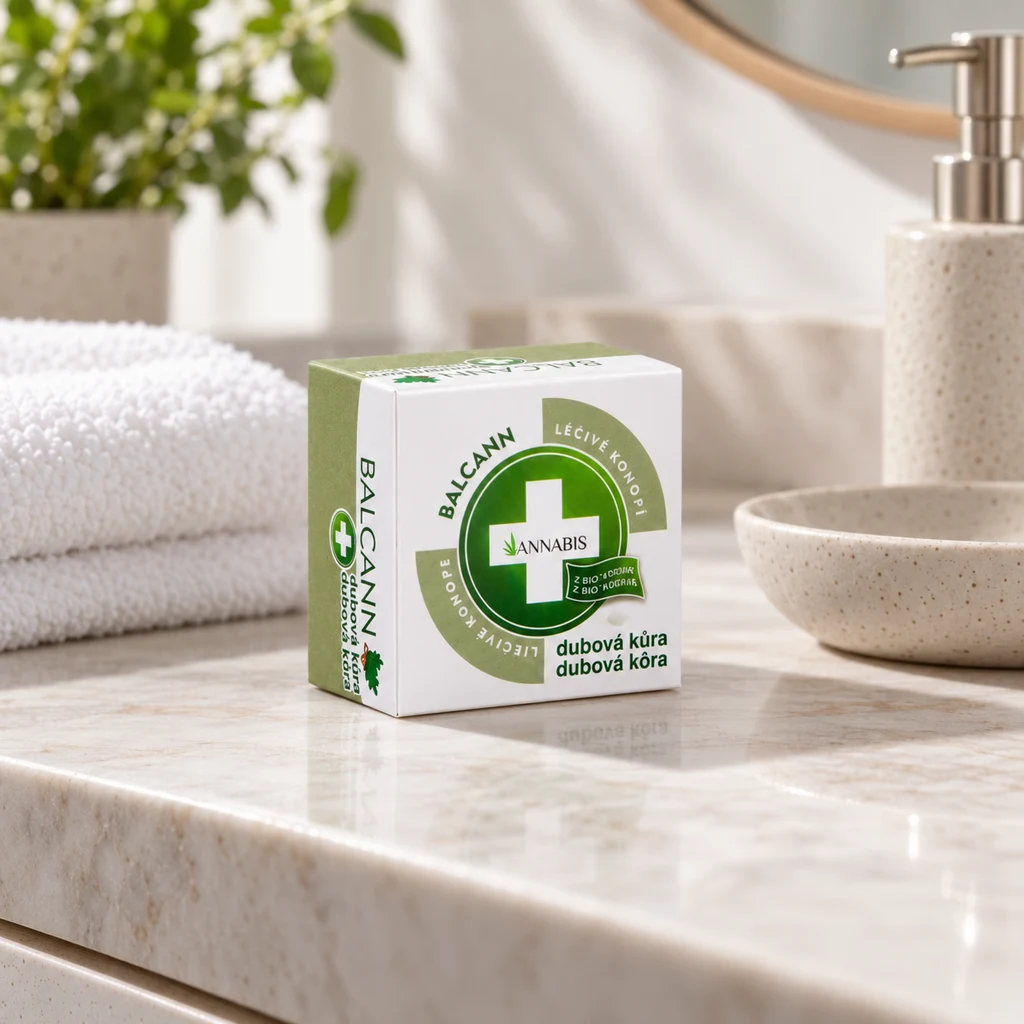 Caja blanca y verde Balcann de Annabis con una cruz blanca y el texto «dubová kůra», sobre una encimera de baño junto a toallas.