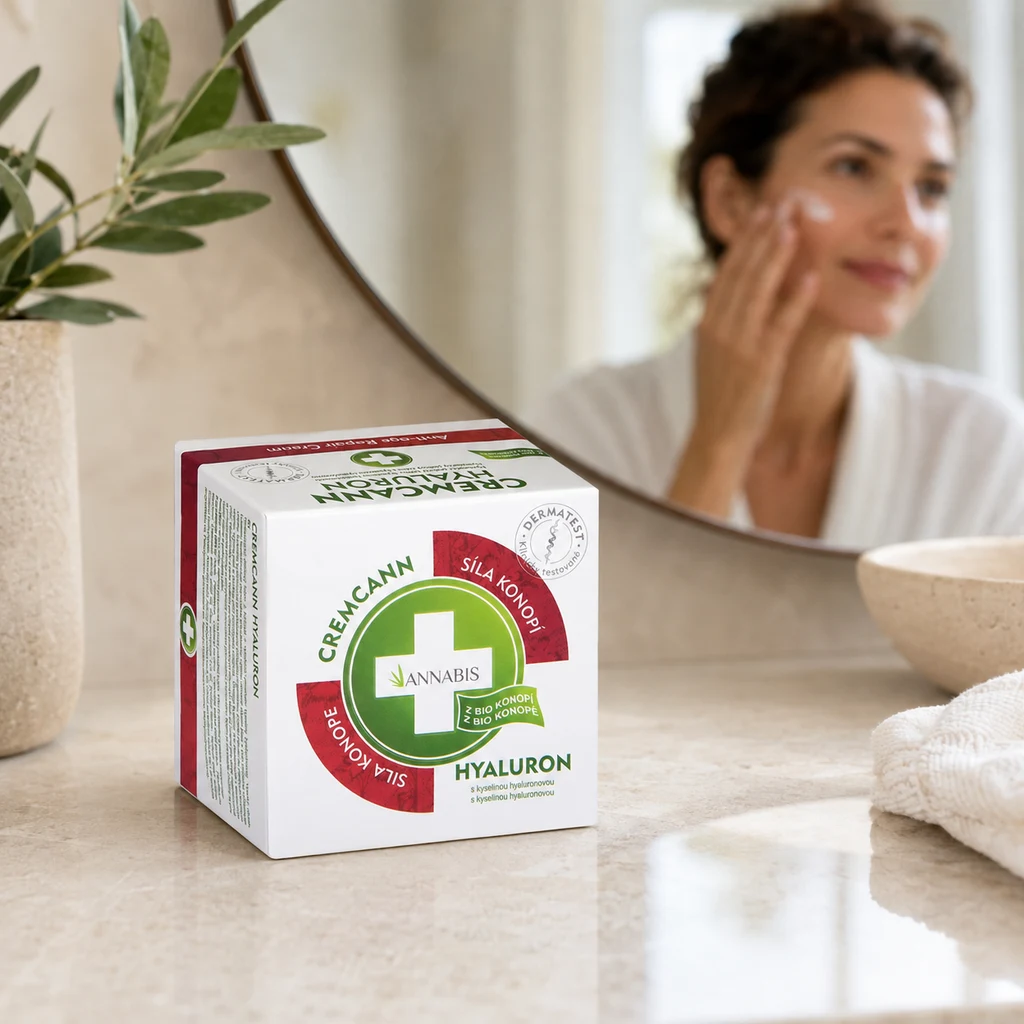 Caja de Annabis Cremcann Hyaluron sobre una encimera, con una mujer reflejada en el espejo aplicándose crema en la mejilla.