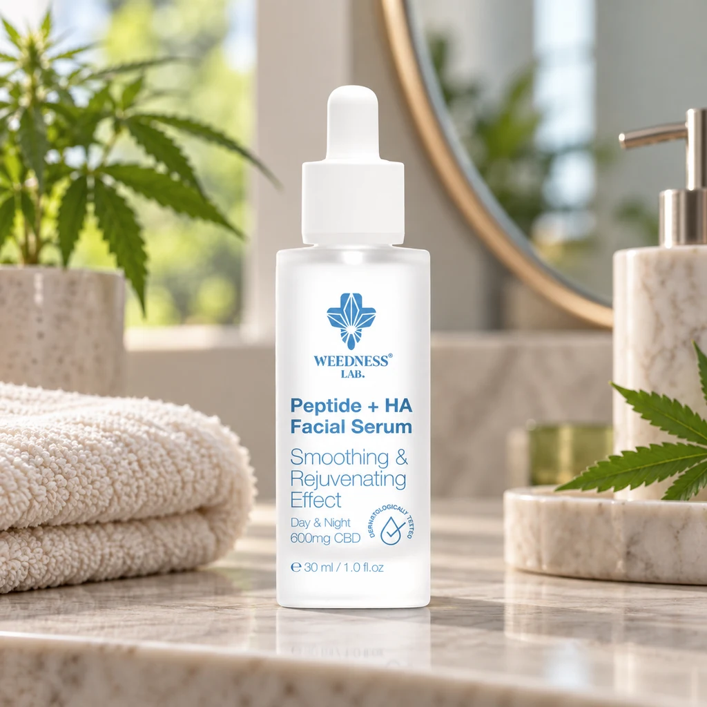 Frasco blanco Weedness con cuentagotas y etiqueta azul de sérum facial Peptide + HA, sobre una encimera junto a toallas.