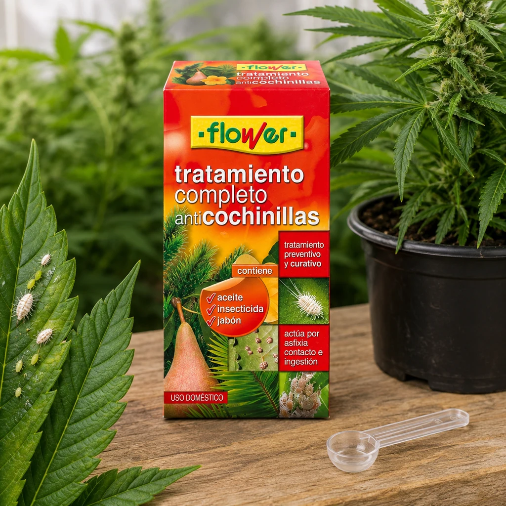 Caja de tratamiento anti cochinillas Flower sobre una mesa, con cuchara dosificadora, una planta en maceta y una hoja con insectos.