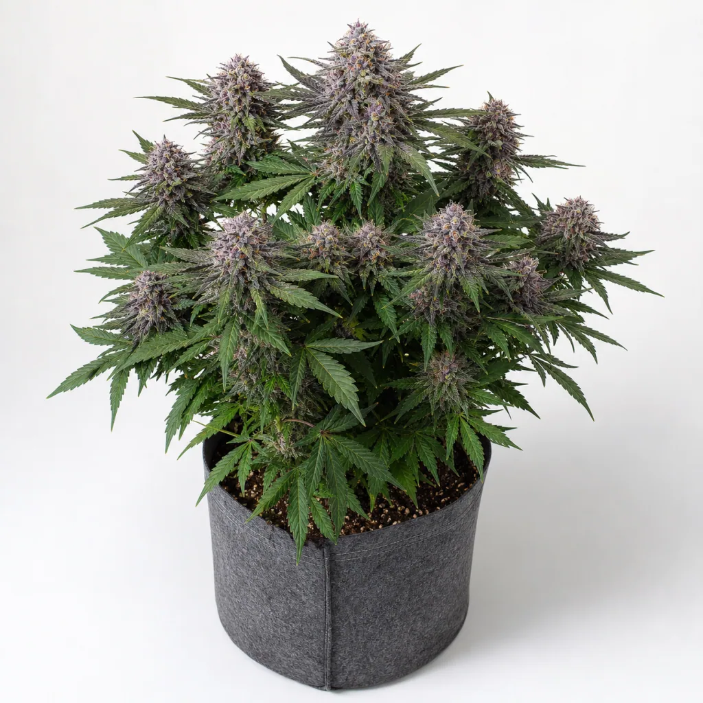 Planta de Apple Fritter Feminizada en maceta textil gris, con follaje verde y abundantes cogollos de tonos violáceos sobre fondo blanco.