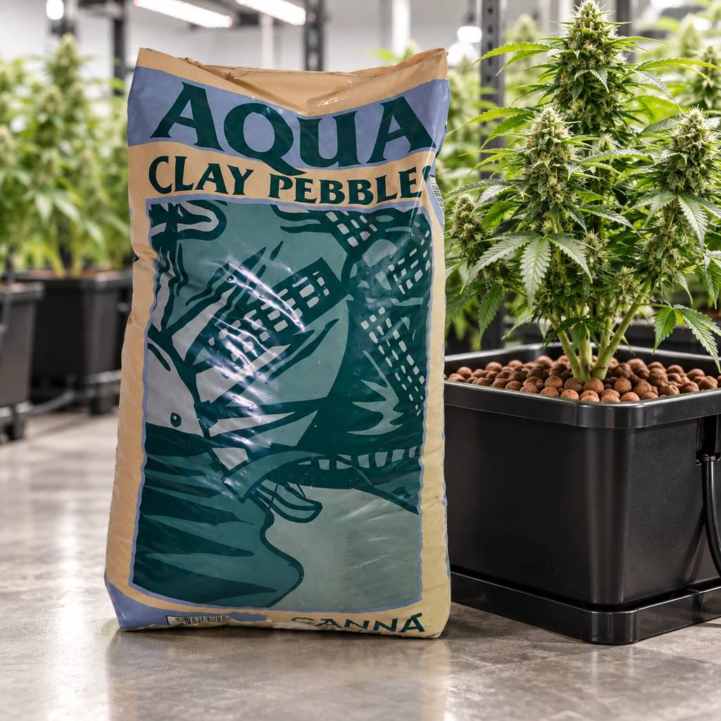 Saco Aqua Clay Pebbles CANNA junto a una maceta negra con bolas de arcilla marrones y una planta de cannabis en floración.