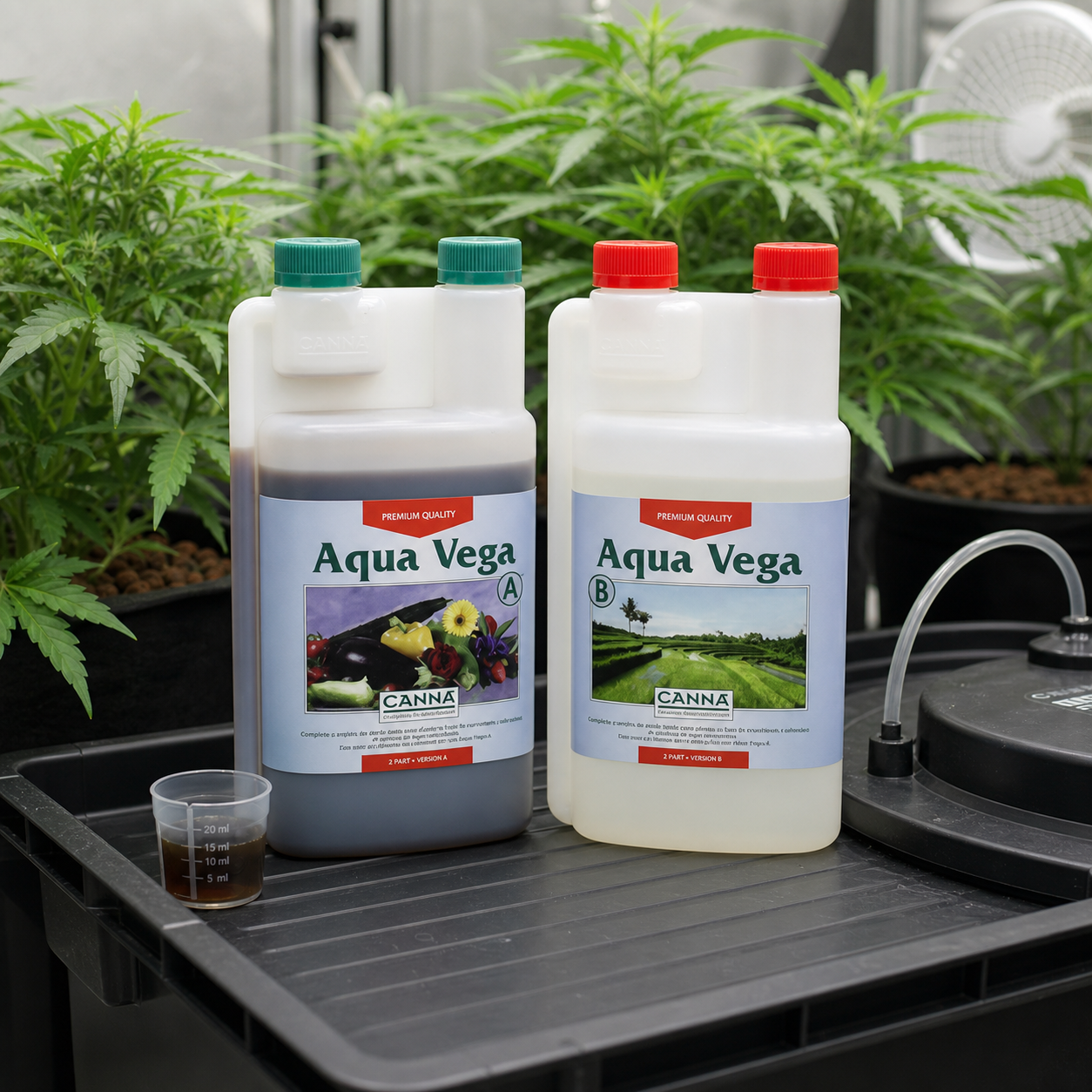 Envases Canna Aqua Vega A y B con tapones verdes y rojos, junto a un vaso dosificador en una bandeja de cultivo. Envases Canna Aqua Vega A y B con tapones verdes y rojos, junto a un vaso dosificador en una bandeja de cultivo.