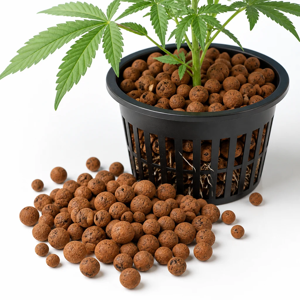 Escena generada de bolas de arcilla en una maceta de rejilla con una planta de cannabis y raíces visibles, con más bolas alrededor.