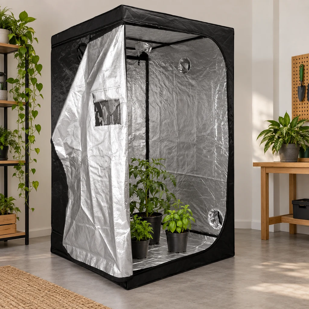 Armario de cultivo abierto con exterior negro, interior plateado y plantas en macetas, en una escena generada de una habitación.