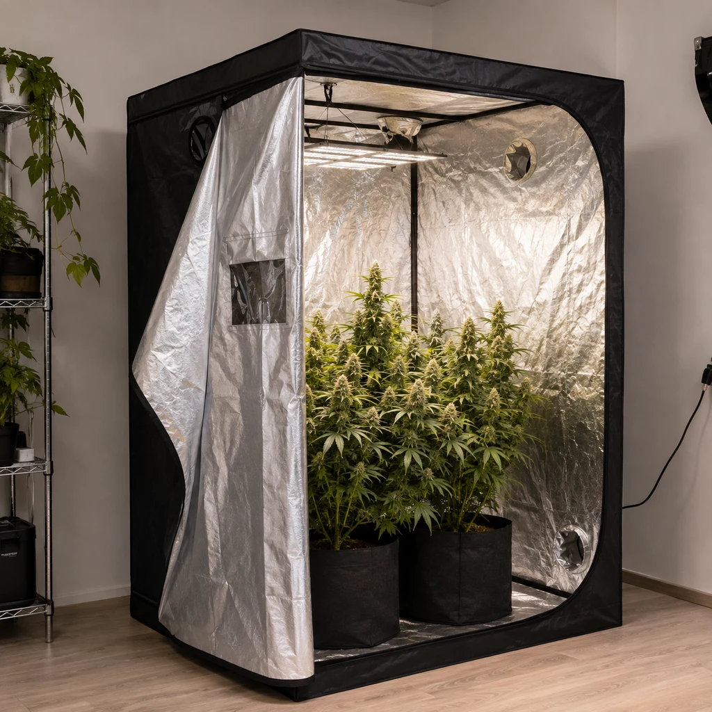 Escena generada de un armario de cultivo abierto, con exterior negro, interior reflectante, luces superiores y plantas en macetas.